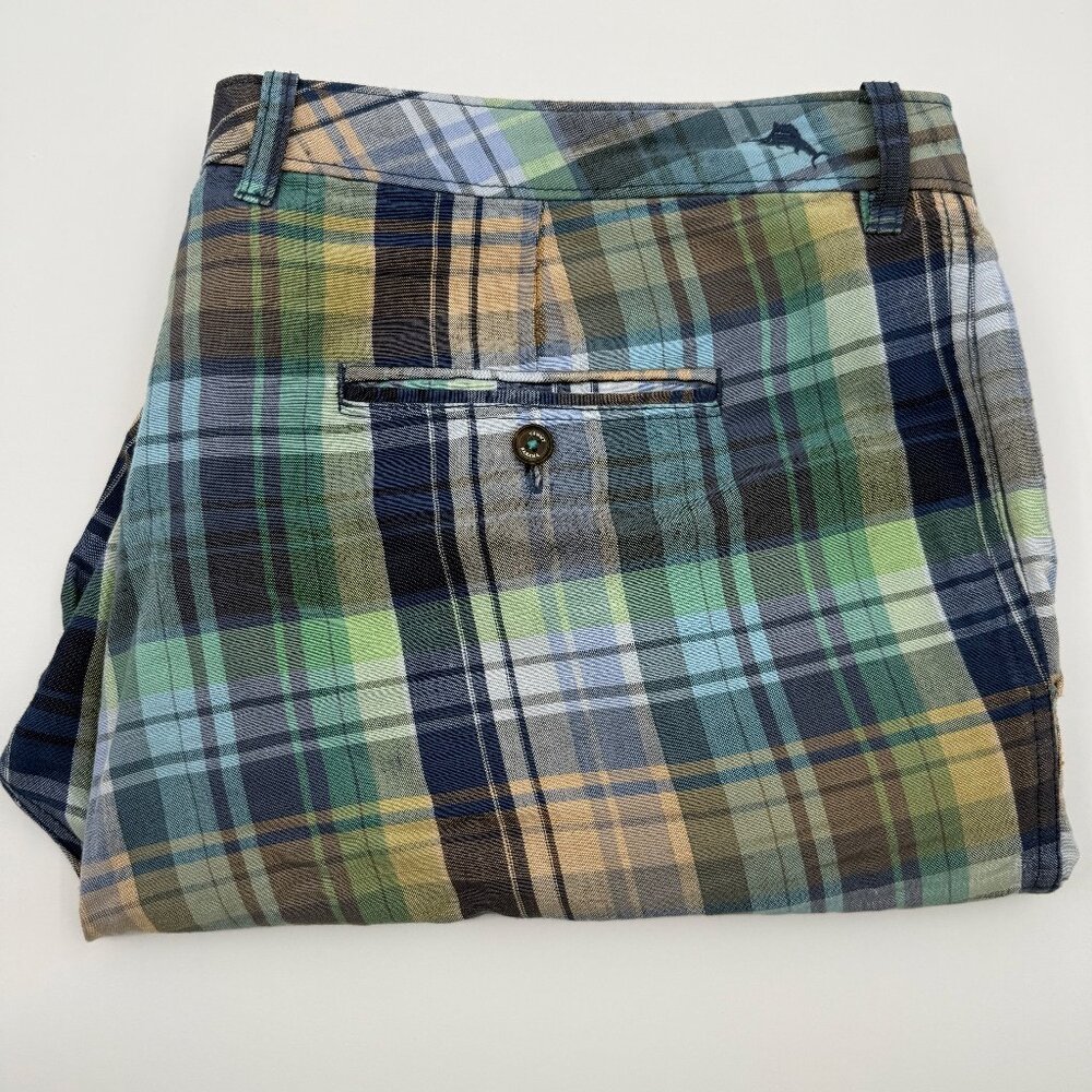 Tommy Bahama Shorts Linen Blend Flat Front Plaid Bermuda Golf Mens 42 46 ** Read